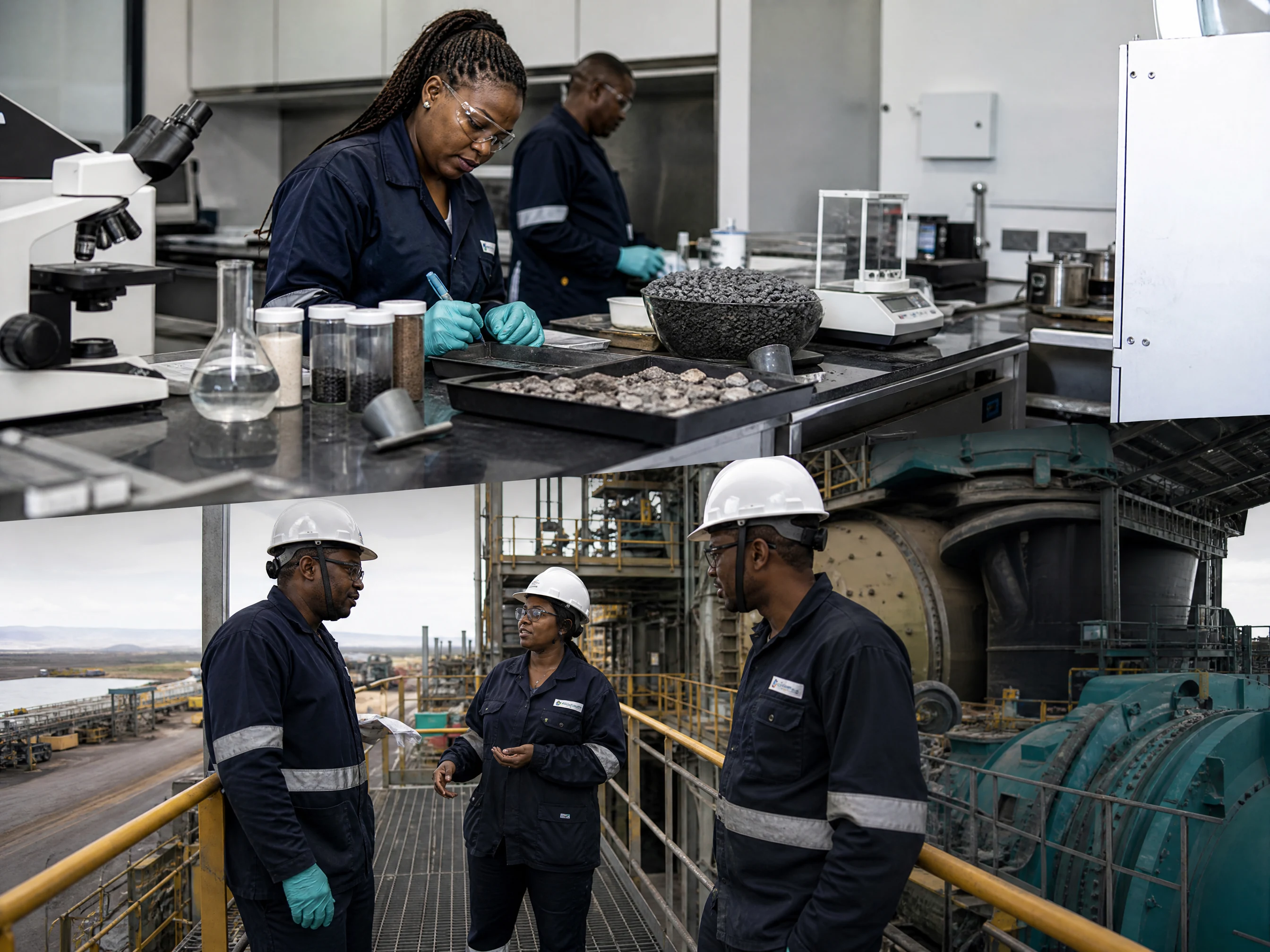 Metallurgical engineers reviewing plant flowsheet and process equipment in an industrial facility