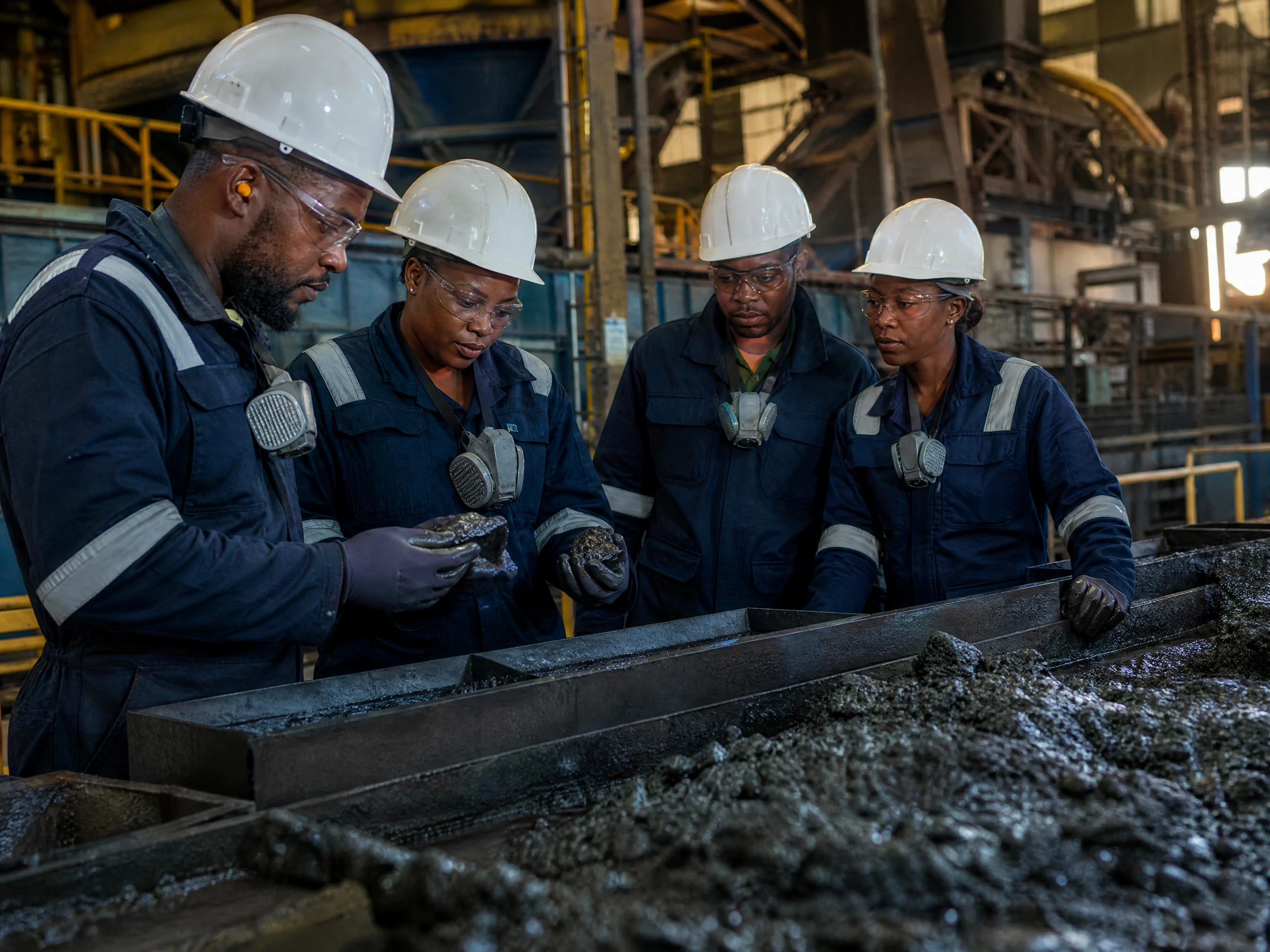 Engineers examining recovered material and product streams inside a processing plant