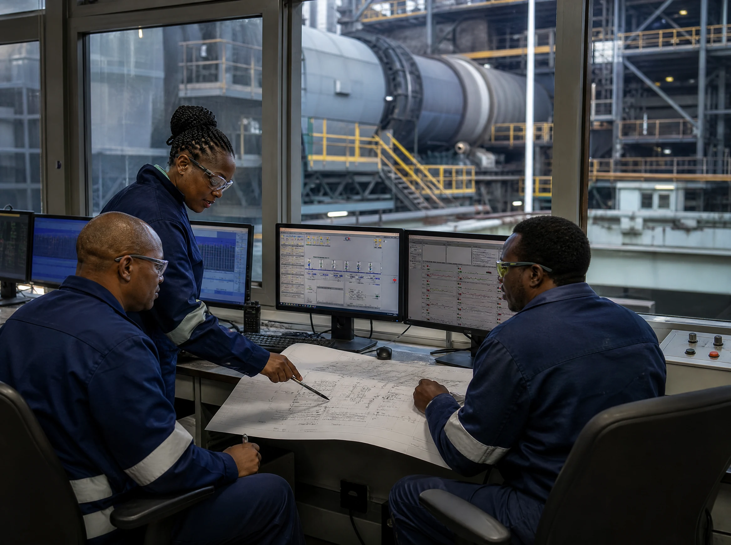 Engineer reviewing furnace process data and technical drawings in a control room