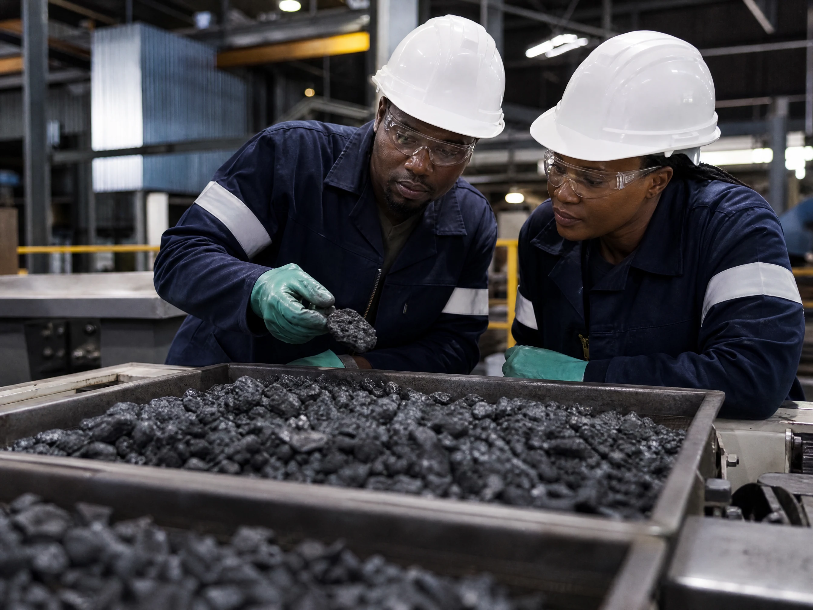 Close view of dark ferroalloy residue and slag fractions being examined in a sample tray by a metallurgist