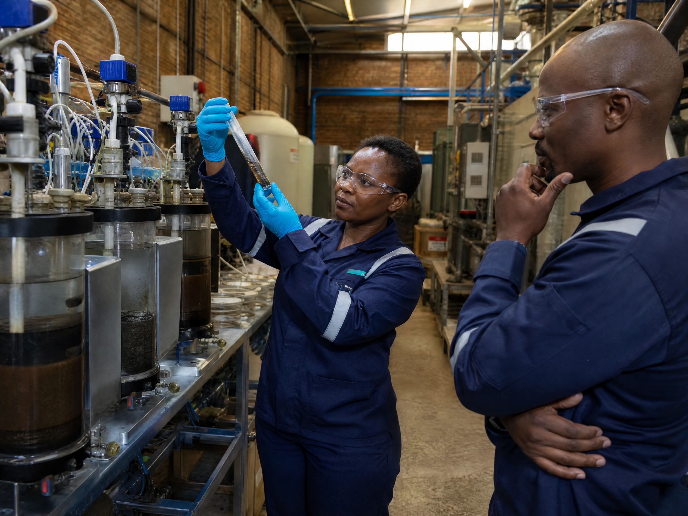 Controlled bench-scale leaching setup with labelled vessels and an engineer observing results