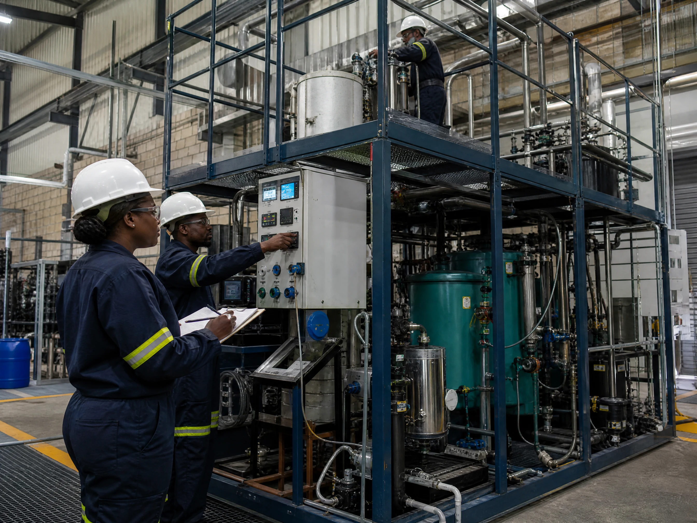 Operators monitoring instrumentation on a pilot-scale metallurgical processing skid
