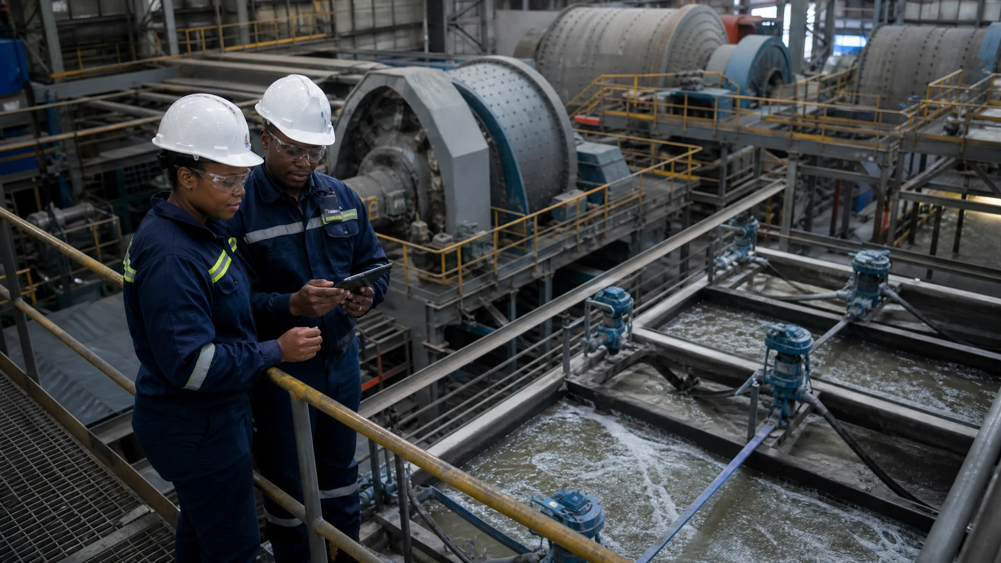 Clean mineral-processing plant showing multiple separation stages with engineers inspecting equipment