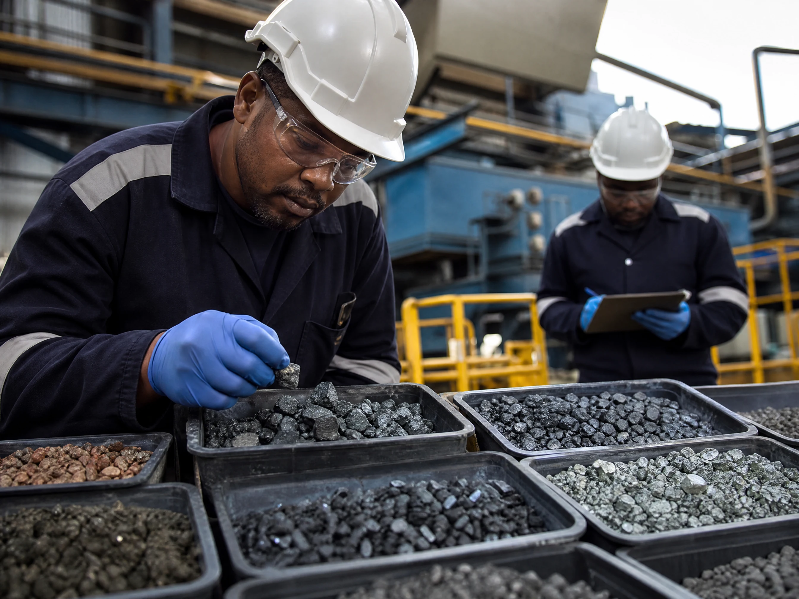 Close view of industrial mineral and slag fractions in sample trays being examined by an engineer