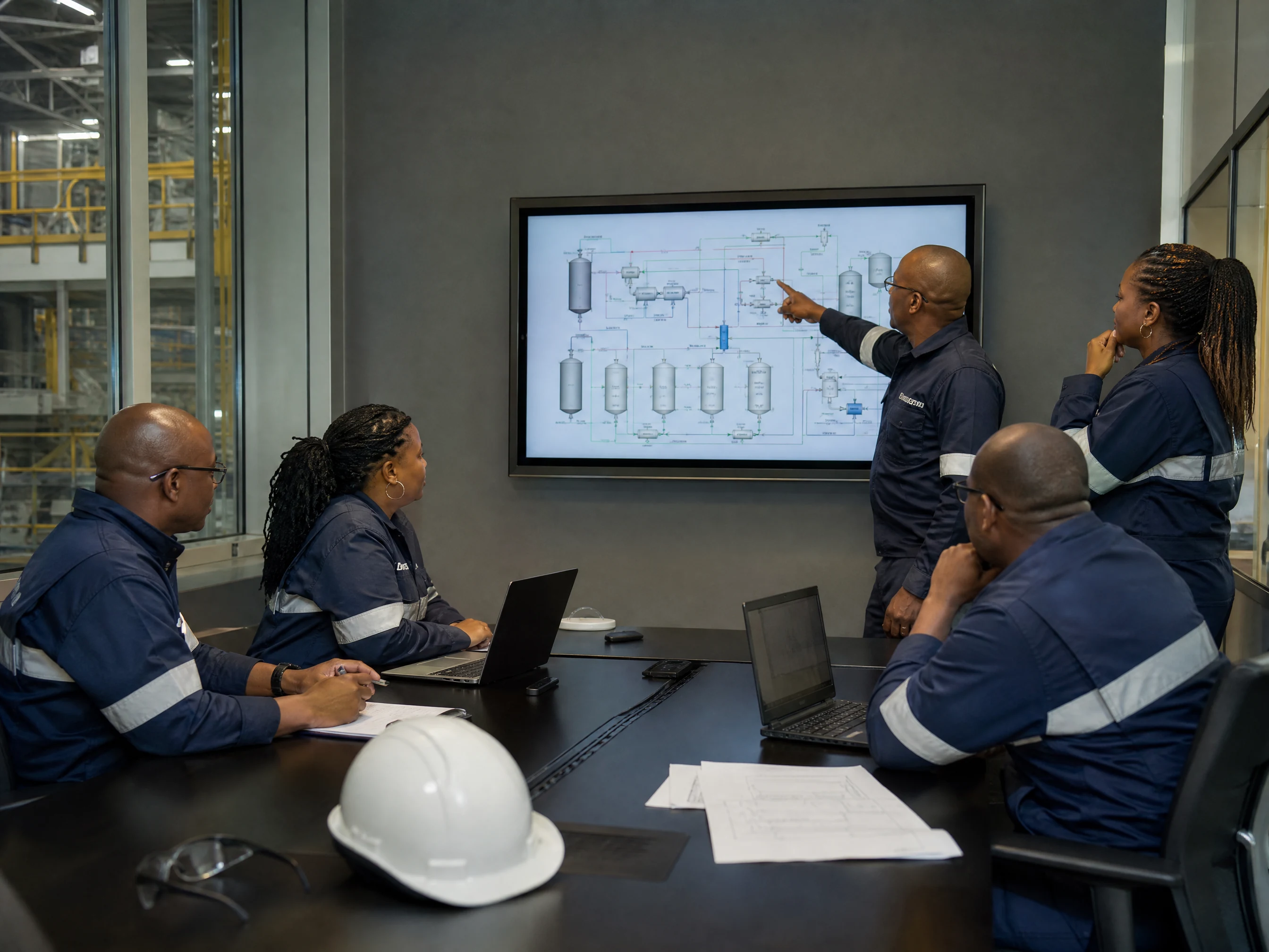Engineers reviewing mass balance and process diagrams in a meeting room